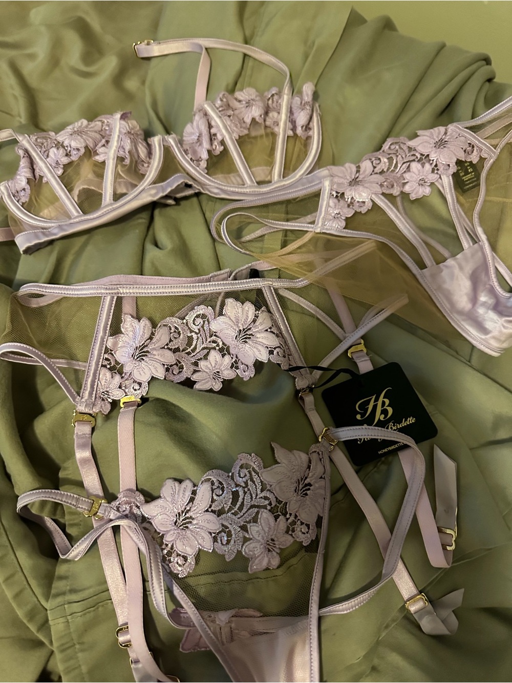Honey Bitdette 
Embroidered Floral Lace Lingerie Set in Light lavender